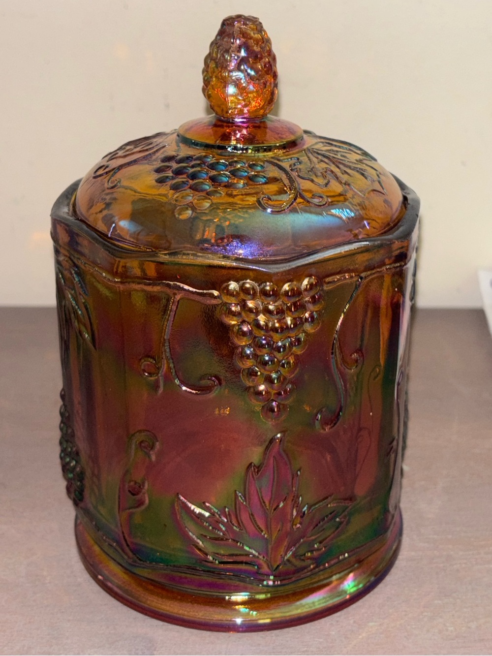 Vintage Marigold Carnival Glass Canister Jar & Lid Harvest Grape Indiana Glass